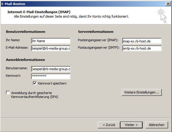 Microsoft Outlook 2003 IMAP Einrichtung Step 3