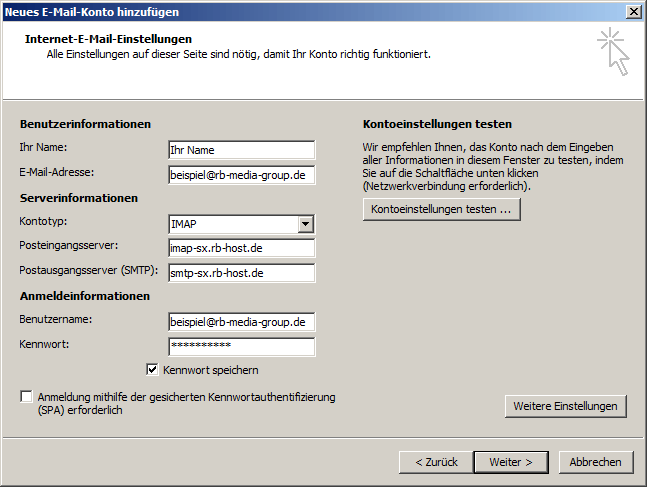 Microsoft Outlook 2007 IMAP Einrichtung Step 4