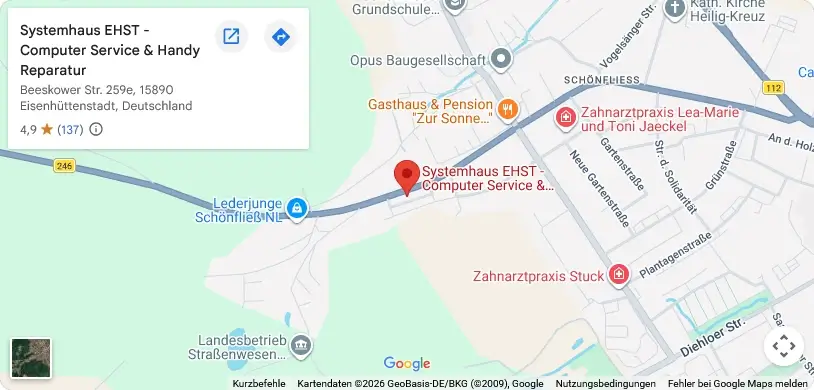 Google Maps Karte mit dem Standort des Systemhaus EHST in Eisenhüttenstadt